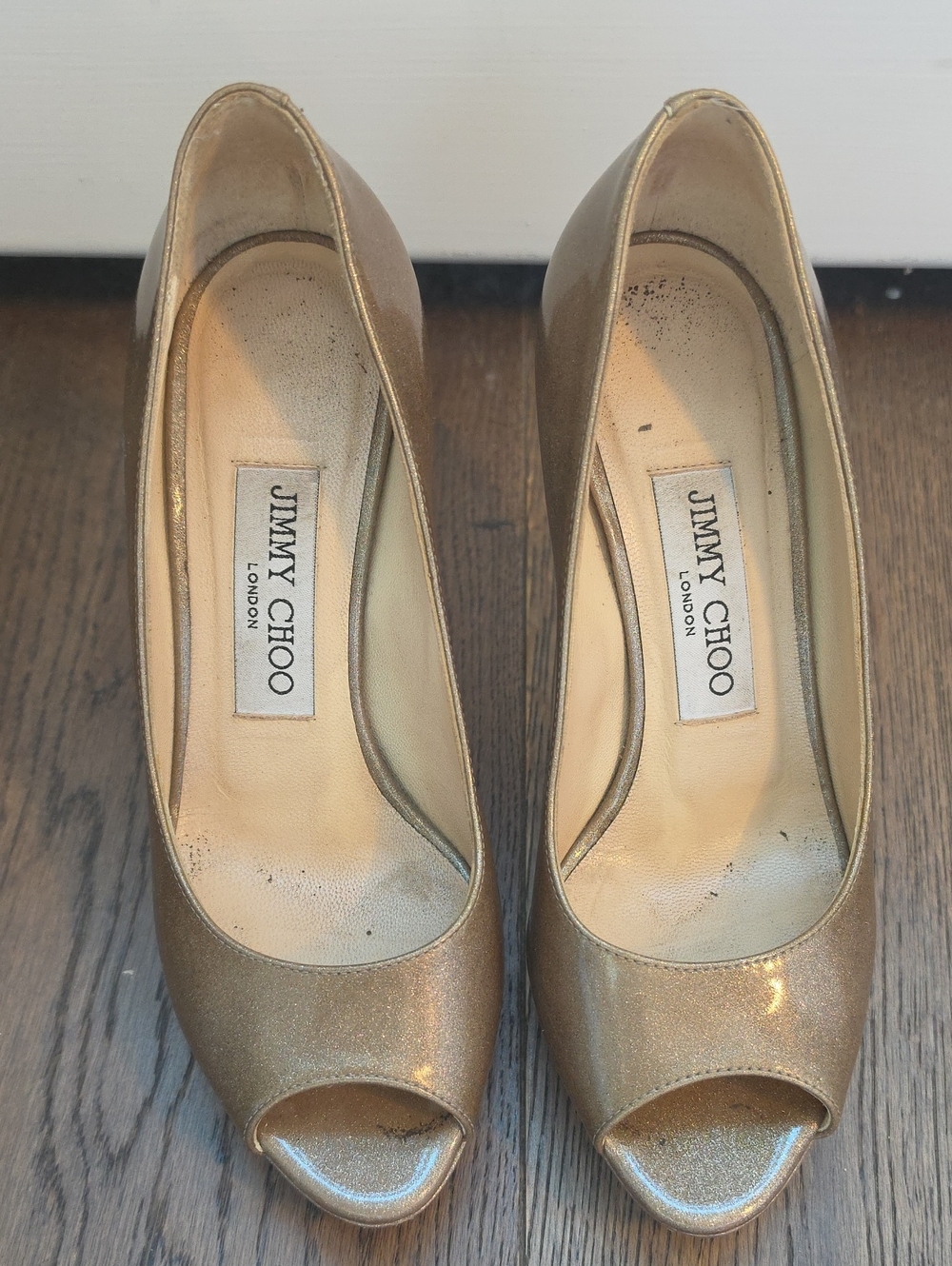 Jimmy Choo Luna Metallic Gold Peep-Toe Heels